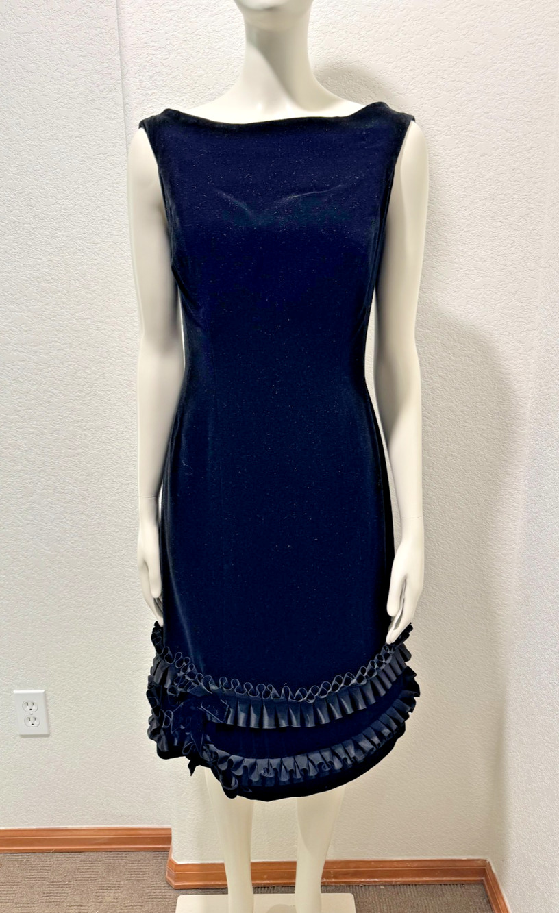 Vtg Black Velvet Party Formal Dress Ruffle Satin Bottom Sleeveless Sz S Elegant
